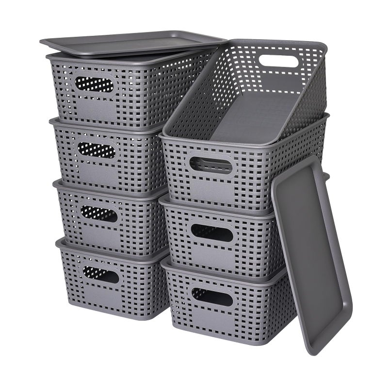 Ohmlove Plastic Storage Baskets with Lid-Plastic Storage Containers Stackable Storage bins: Storage Baskets for Organizing Shelves Drawers Desktop Closet Playroom Classroom Office  8Pack-Gray 10.2x7.2x4.1Inch - Image 1